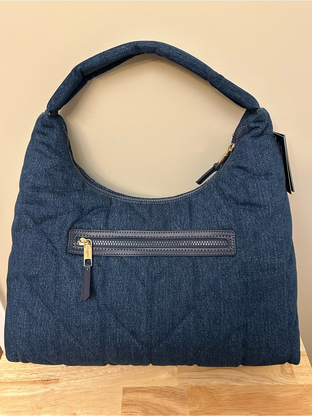Karl Lagerfeld Quilted Dark Blue Denim Shoulder Bag with Gold Logo - Picture 7 of 16